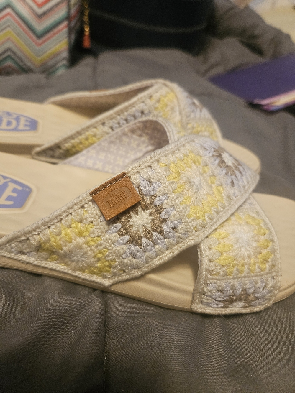 Hey Dude Crochet Crossband Slide Sandals in Cream & Yellow - Picture 3 of 5